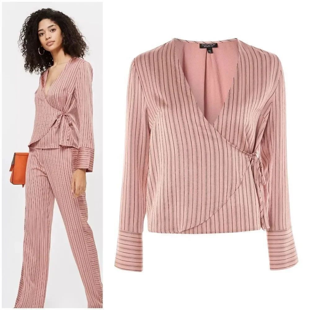 Topshop Slinky Striped Wrap Blouse sz 12 in Blush